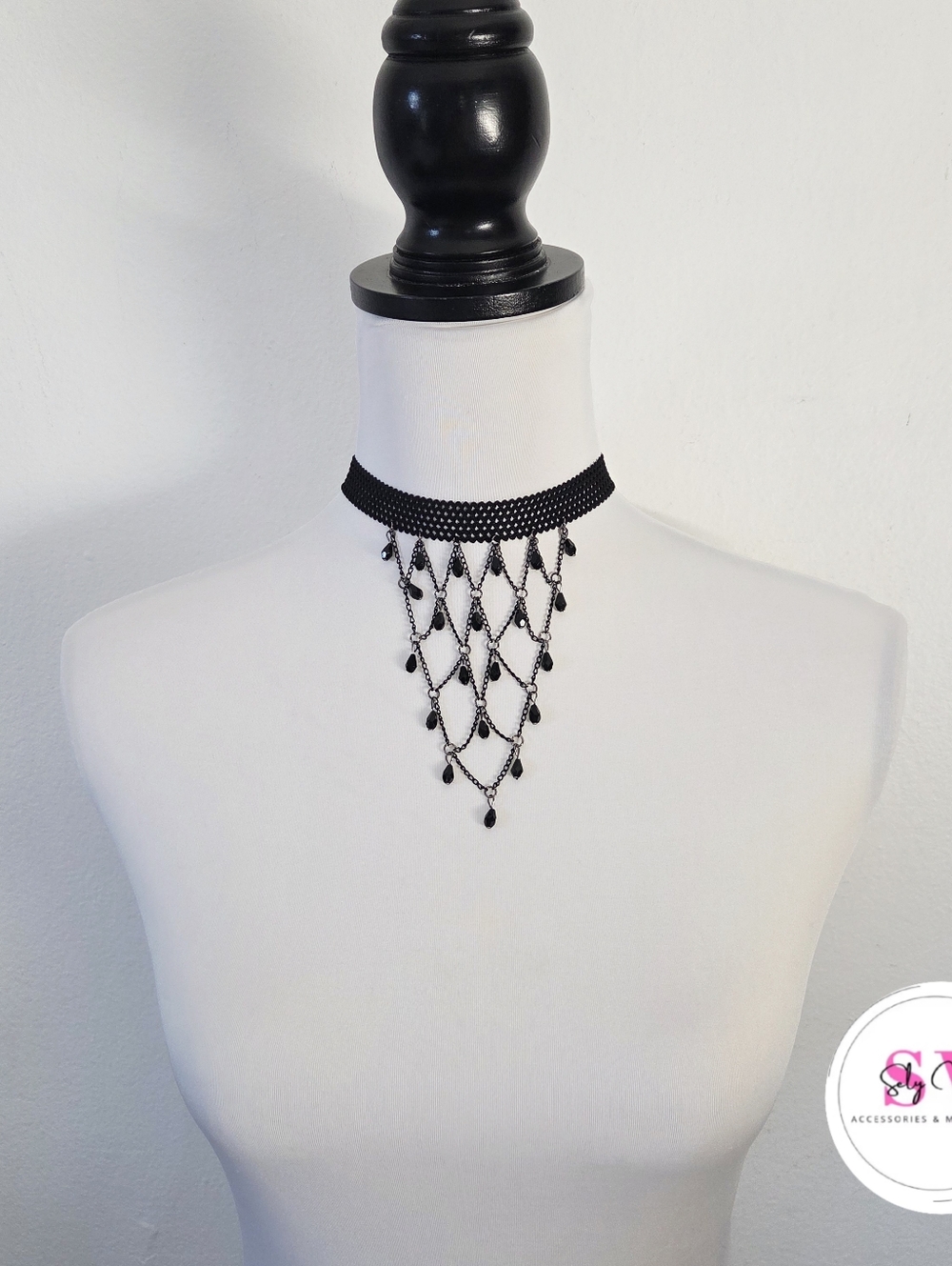 Black Choker Necklace With Dangling Decor